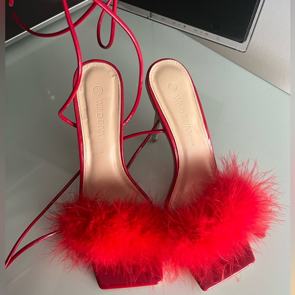 Red Fuzzy Wrap Heels - Picture 2 of 3